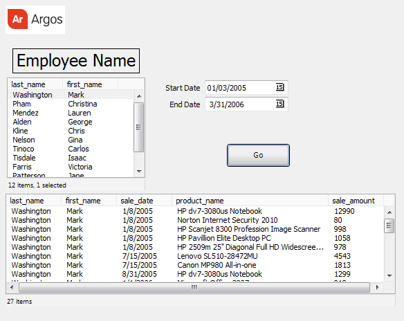 DataBlock form containing objects for accepting query parameters and an object to display query results.